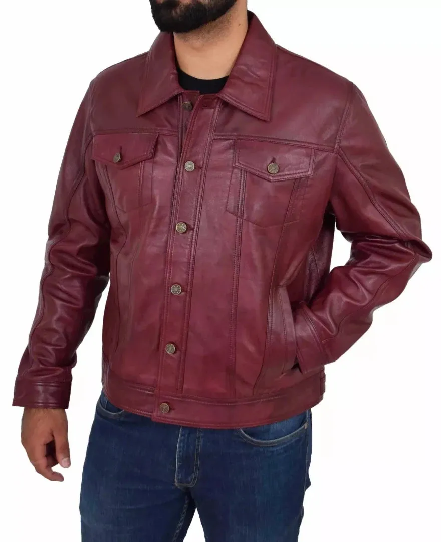 Trucker Leather Jacket Mens | Maroon