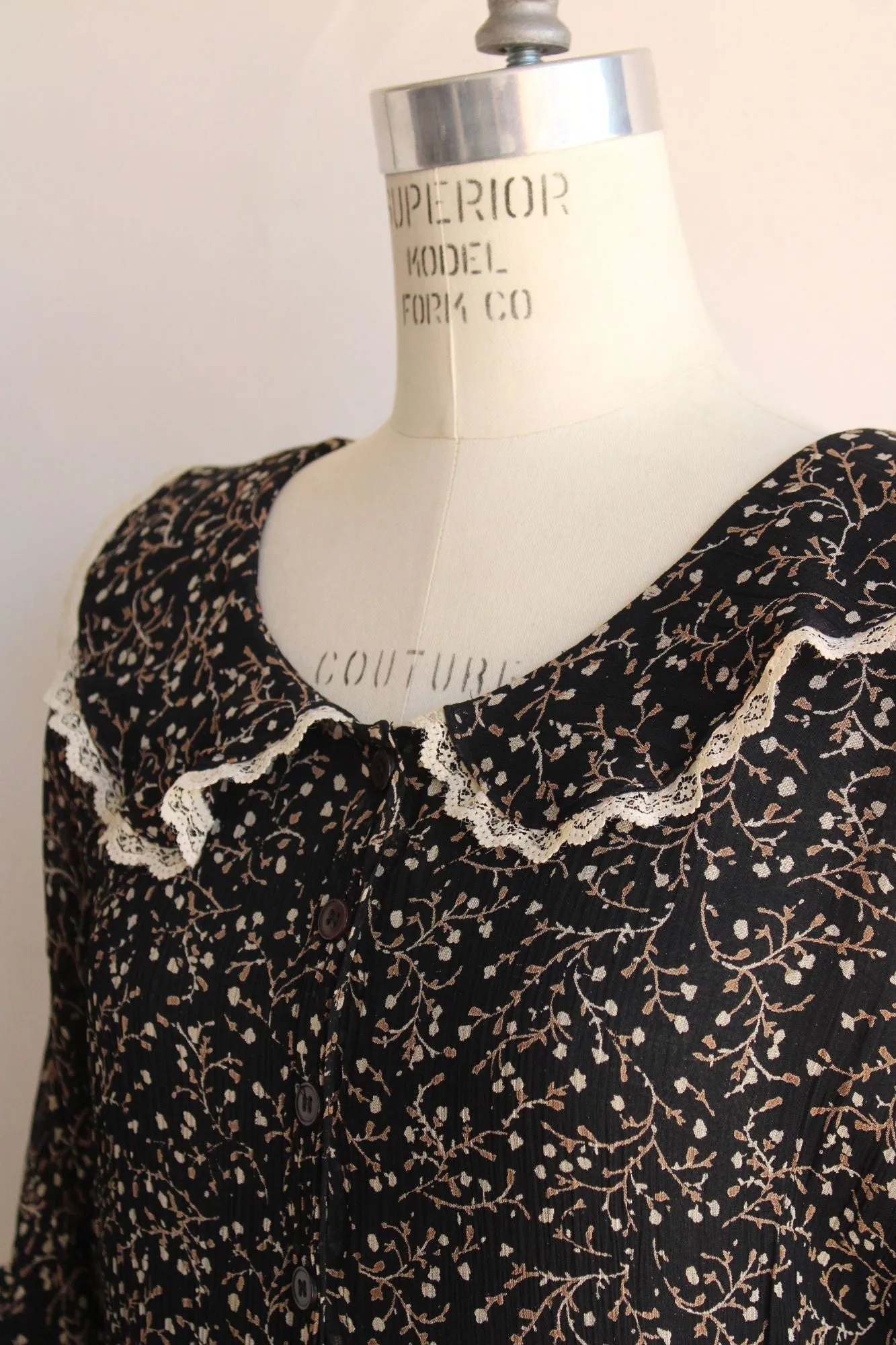 Vintage 1980's 1990s Black Floral Print Rayon Dress